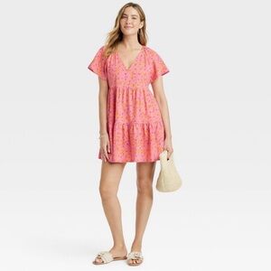Women's Flutter Short Sleeve Mini Skater Dress - Universal Thread™ Pink Floral M